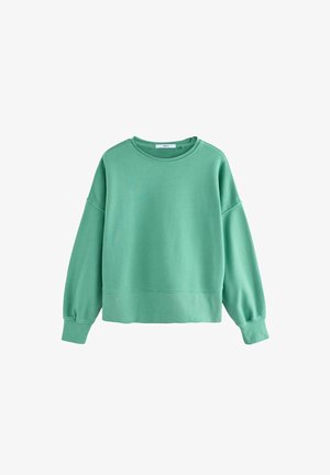 Sweatshirt vert en matière polaire, avec un col rond, des manches longues et un design court avec des poignets et un ourlet côtelés.