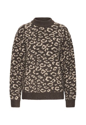 Pull marron à col montant, avec un imprimé animal texturé en crème. Tissu doux, coupe ample, et poignets et ourlet côtelés.