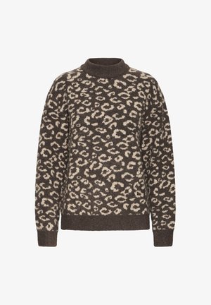 Pull marron à col montant, avec un imprimé animal texturé en crème. Tissu doux, coupe ample, et poignets et ourlet côtelés.