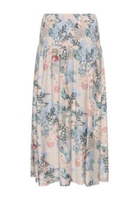 Jupe midi beige clair avec taille smockée élastique, présentant un motif floral et feuillu pastel aux tons bleus, verts et roses.