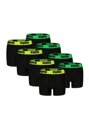Schwarze Boxershorts mit grünem und gelbem elastischem Bündchen, mit Puma-Logo. Sechs Paare werden gezeigt, die ihre einheitliche Gestaltung hervorheben.
