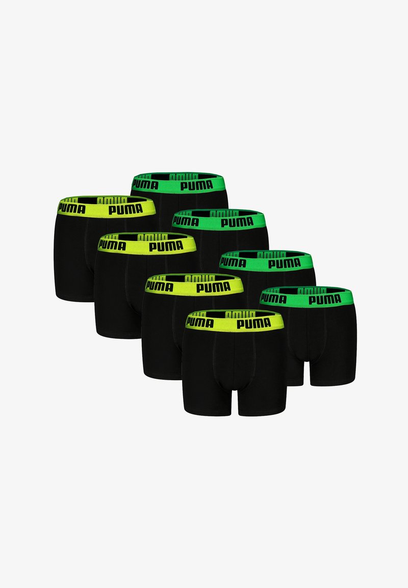 Schwarze Boxershorts mit grünem und gelbem elastischem Bündchen, mit Puma-Logo. Sechs Paare werden gezeigt, die ihre einheitliche Gestaltung hervorheben.