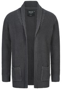 Cardigan de punto gris oscuro con frontal abierto, cuello chal acanalado, mangas largas y dos bolsillos delanteros, talla mediana.