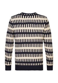 Pull en maille avec un motif géométrique à rayures bleu marine et crème. Col rond, manches longues et poignets et ourlet côtelés.