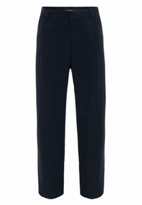 Marineblauwe broek met een getailleerde pasvorm, gemaakt van lichtgewicht stof. Heeft een platte voorkant, riemlussen en zijzakken. Soepele textuur.