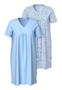 Due due camicie da notte: una di un solidale blu chiaro, l'altra con un motivo di fiori blu chiaro. Entrambe presentano maniche corte e scollo a V.