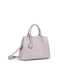 Borsa a tracolla di un leggero colore viola con hardware dorato, manici doppi e una tracolla rimovibile. Presenta un design cucito e dettagli con il logo.