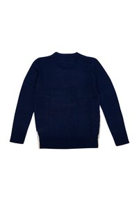 Maglione lavorato a maglia blu navy con scollo rotondo e maniche lunghe. Presenta polsini e orlo a coste, con dettagli di colore più chiaro ai lati.