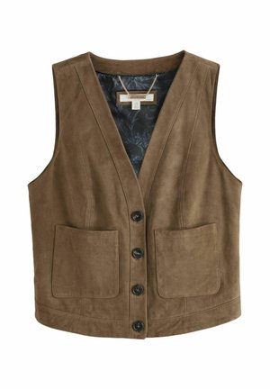 Brown suede sleeveless vest with V-neck, four black buttons down front, two front pockets, and patterned inner lining.