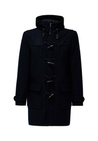 Abrigo de lana azul marino con capucha, cierres tipo toggle, bolsillos frontales y detalles en los puños. Textura suave con un diseño estructurado y silueta ajustada.