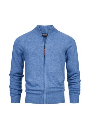 Blå zip-up kofta gjord av mjukt stickat material. Har en ståkrage, ribbade ärmslut och fåll, med en slät textur och minimalt med detaljer.