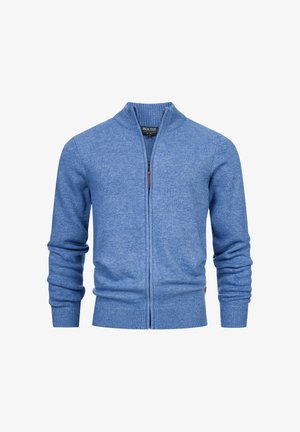 Blue zip-up cardigan made of soft knit material. Features a stand collar, ribbed cuffs, and hem, with a smooth texture and minimal detailing.