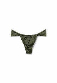 Olivgrön bikiniunderdel med volanger på sidorna, tillverkad av ett mjukt, elastiskt material. Har en minimal skärning och rynkad textur.