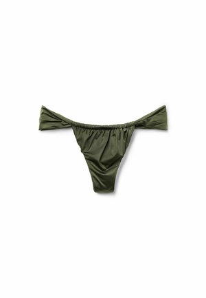 Olive green bikini bottom with ruffled side ties, made of smooth, stretchy material. Features a minimal cut and gathered texture.