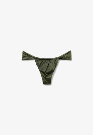 Olive green bikini bottom with ruffled side ties, made of smooth, stretchy material. Features a minimal cut and gathered texture.