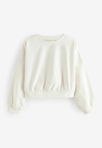 Felpa corta beige chiaro con maniche lunghe a sbuffo e vita elasticizzata. Tessuto morbido e scollatura a girocollo. Design semplice e minimalista.