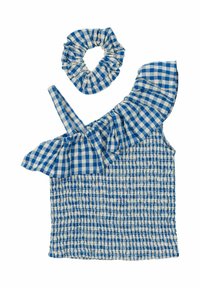 Kék és fehér kockás mintás ujjatlan felső, amely fodros egyvállas kivitelezésű és egy illő, ráncolt hajgumival kiegészített. Texturált smockolt anyag.