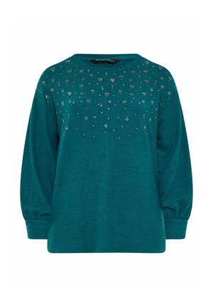 Turkoosi collegepaita, jossa on pitkät, puffatut hihat, pyöreä pääntie ja koristeluna pieniä, kimaltelevia helmiä edessä. Pehmeä kangaspinta.