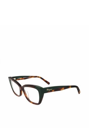 Montatura rettangolare in tartaruga con leggero effetto cat-eye, lenti trasparenti e logo Ferragamo dorato sulle aste.
