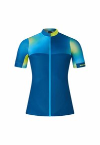 Maillot de cyclisme à manches courtes en bleu avec des accents verts dégradés, doté d'une fermeture éclair sur toute la longueur à l'avant et d'un design en tissu texturé.