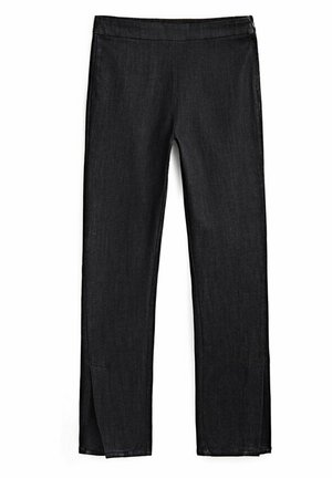 Pantaloni neri a gamba dritta con vita aderente e leggere spacchi laterali all'orlo, realizzati in tessuto liscio.