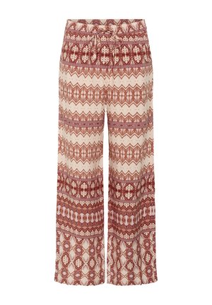 Pantalons à jams larges en tissu léger présentant des motifs élaborés rouges et crème avec des motifs floraux et géométriques.