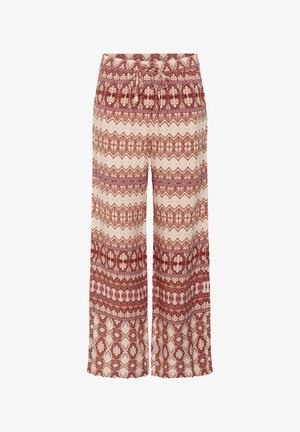 Pantalone širokih nogavica u krem boji s složenim uzorcima boje hrđe, s elastikom u struku i mekanim, teksturiranim tkanjem.