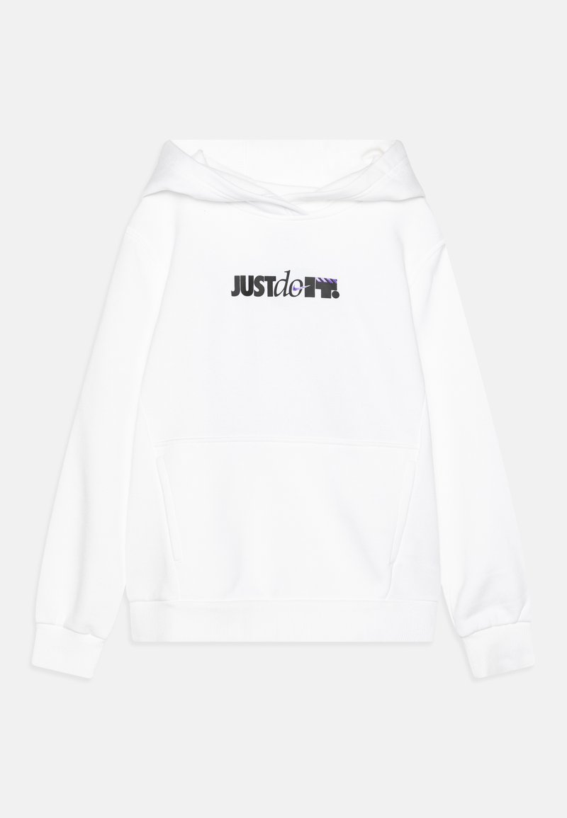 Sudadera blanca con capucha con cordón, gran bolsillo frontal y el texto "JUST do it." en negro y morado, con una textura suave.