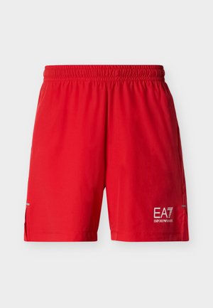 Pantalones cortos deportivos rojos de tela ligera. Cuentan con una cintura elástica, aberturas laterales y un logotipo blanco en el dobladillo inferior derecho.