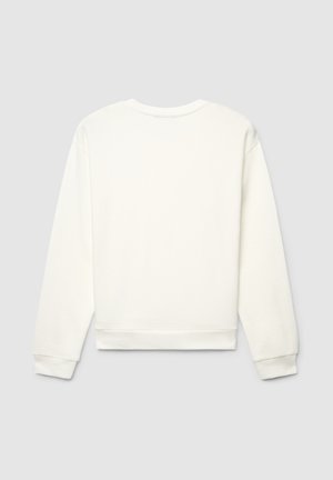 Sweat-shirt blanc en tissu doux, avec un col rond, des manches longues et des bord-côtes aux poignets et à l'ourlet. Vue de dos avec des détails minimalistes.