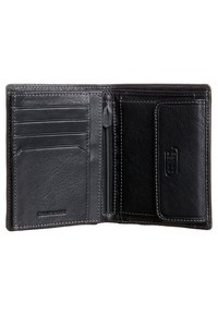 Black leather wallet with multiple card slots, a zippered pocket, smooth texture, and stitching details. Features embossed branding on the interior.