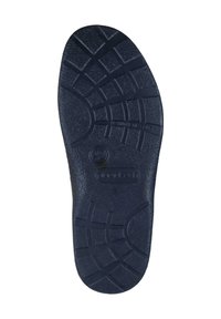 Suola di scarpa in gomma nera con un motivo testurizzato e battistrada dotato di scanalature per la trazione e un'etichetta di dimensione impressa.