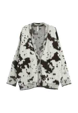 Cardigan lavorato a maglia grigio con stampa a macchie di mucca nere. Caratterizzato da scollo a V, chiusura con bottoni e polsini e orlo a coste. Texture morbida, vestibilità rilassata.