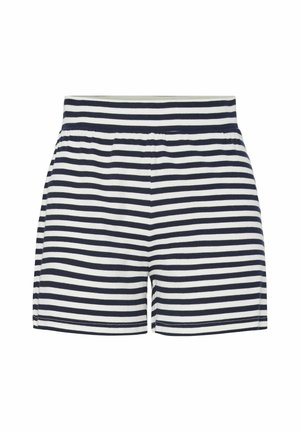 Prugaste kratke hlače s mornarsko plavom i bijelom bojom, od mekog pamučnog materijala, s elastičnom gumicom u struku i opuštenim ravnim krojem.