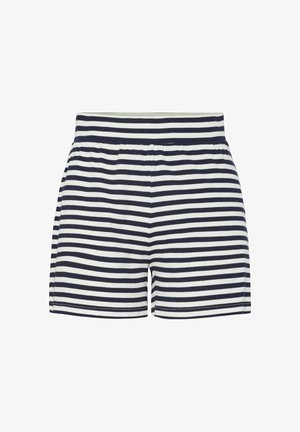 Prugaste kratke hlače s mornarsko plavom i bijelom bojom, od mekog pamučnog materijala, s elastičnom gumicom u struku i opuštenim ravnim krojem.