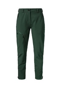 Green technical pants made of a smooth, durable fabric. Features side pockets, zipper closures, and a tapered fit.