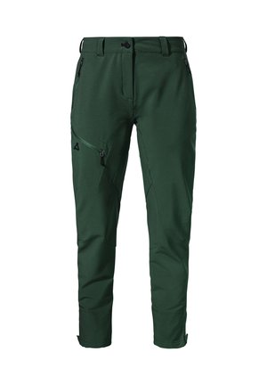 Grüne technische Hose aus einem glatten, strapazierfähigen Stoff. Mit seitlichen Taschen, Reißverschlussverschlüssen und einer schmalen Passform.