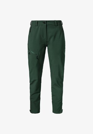 Green technical pants made of a smooth, durable fabric. Features side pockets, zipper closures, and a tapered fit.
