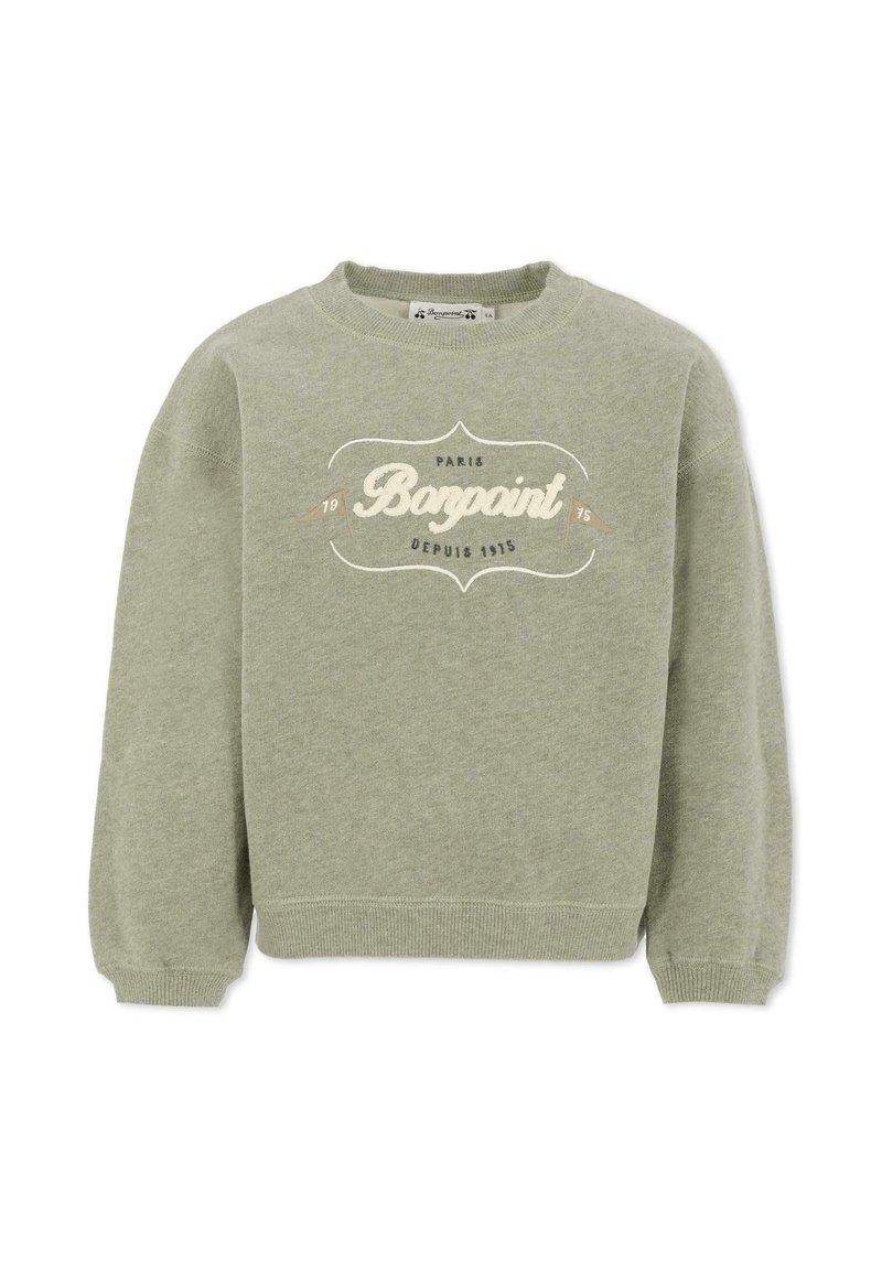 Sweatshirt vert en tissu doux, avec un col rond, des poignets côtelés et un design de logo central avec du texte et des accents dans des couleurs contrastées.