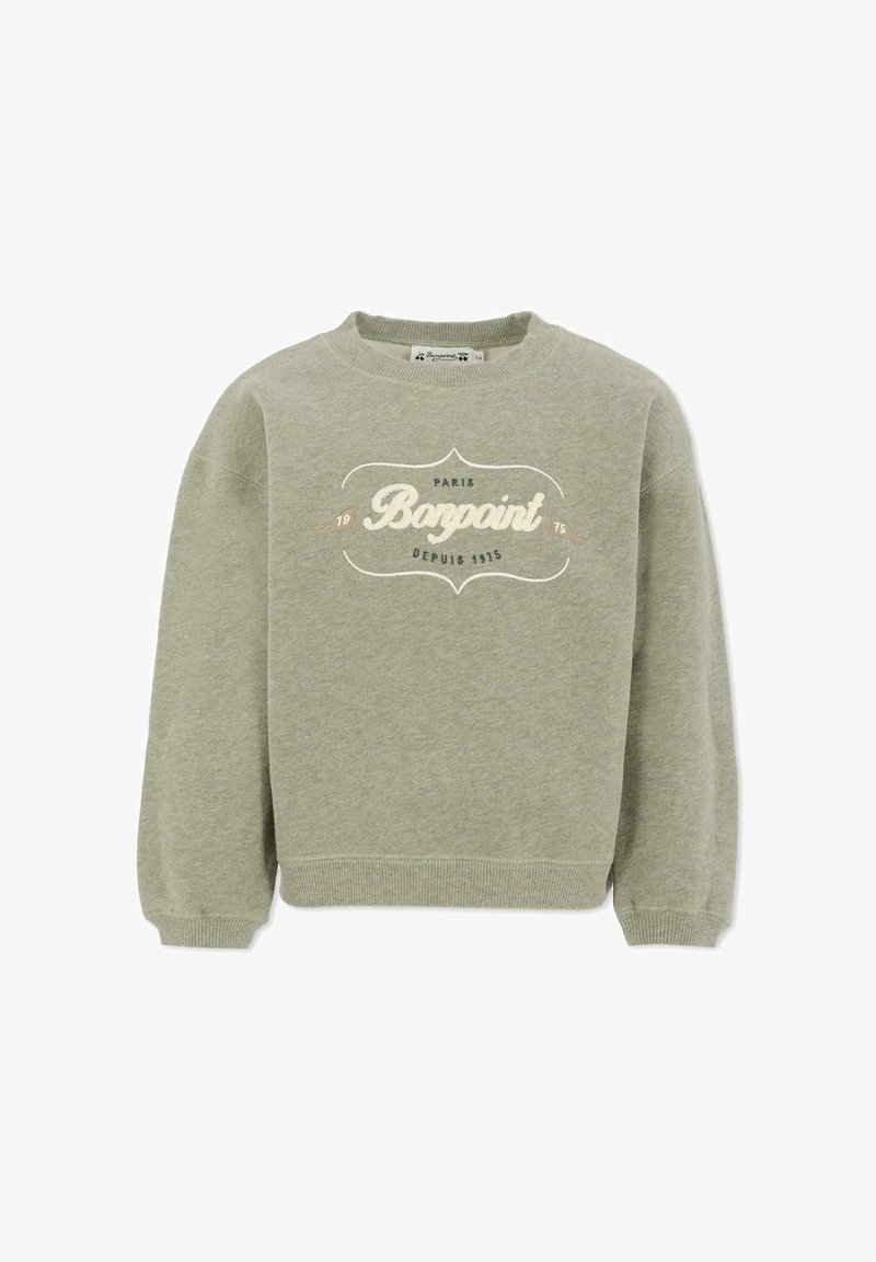 Sweatshirt vert en tissu doux, avec un col rond, des poignets côtelés et un design de logo central avec du texte et des accents dans des couleurs contrastées.