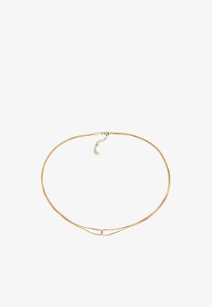 Collier délicat en chaîne d'or avec un petit détail en boucle au centre et une fermeture ajustable sur fond blanc.