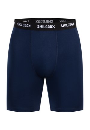 Granatowe bokserki z czarną gumką w pasie, z białym logo "SMILODOX". Gładki materiał o dopasowanym kroju i bez widocznych szwów.