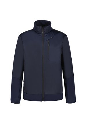 Navy blue jacket with full front zipper, high collar, zippered chest pocket, and long sleeves with reinforced elbow panels.