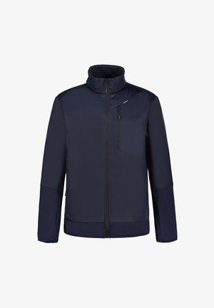 Marineblaues Jackett mit durchgehendem Reißverschluss, hohem Kragen, mit Reißverschluss versehenem Brusttasche und langen Ärmeln mit verstärkten Ellenbogenpaneelen.