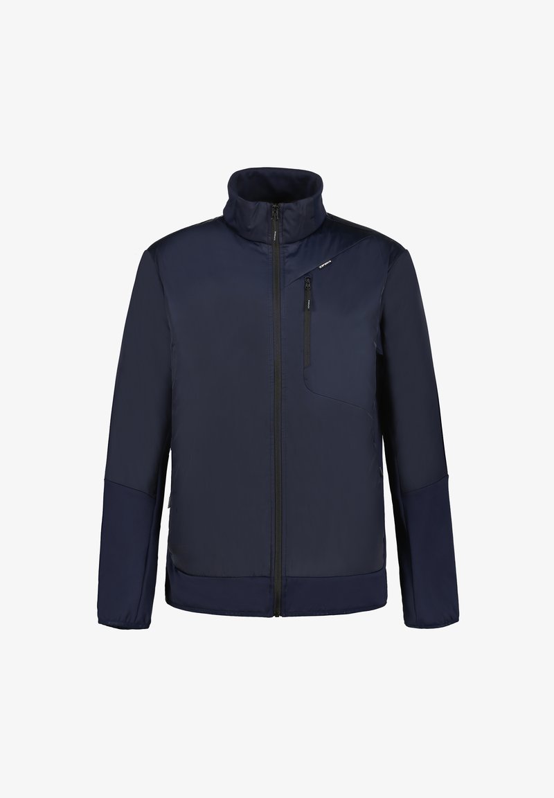 Marineblå jakke med fuld frontlynlås, høj krave, lynlås-lomme på brystet og lange ærmer med forstærkede albuepaneler.