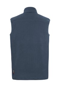 Marineblaue Fleece-Weste mit hohem Kragen, ärmellosem Design und flachen Nähten. Mit einem Logohangetikett auf der linken Seite in der Nähe des Saums.