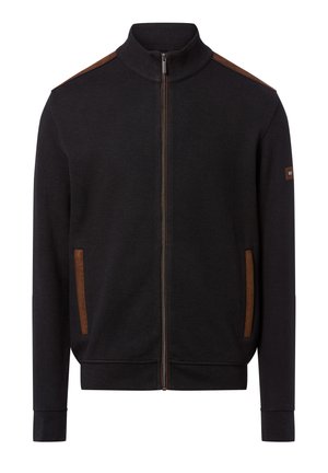 Schwarze Zip-up-Jacke mit hohem Kragen, ausgestattet mit braunen Kunstlederakzenten an den Schultern und Taschen, gerippten Texturen und körperbetonten Bündchen.