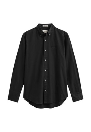 Zwart overhemd met lange mouwen, knopen, kraag, witte knopen en een klein wit "GANT"-logo op de linkerborst.