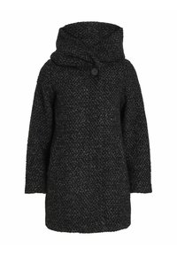 Manteau noir texturé avec capuche, présentant une fermeture à boutons et une coupe ample et décontractée. Le tissu a un motif subtil pour un détail supplémentaire.