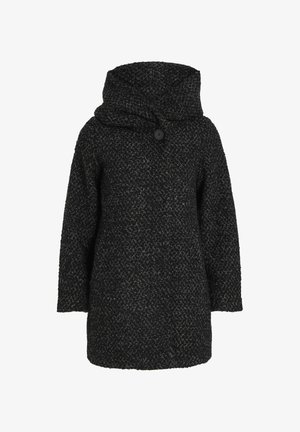 Czarny, strukturalny płaszcz z kapturem, z zapięciem na guziki i luźnym, oversizowym krojem. Materiał ma subtelny wzór, który dodaje charakteru.